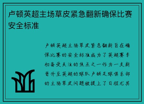 卢顿英超主场草皮紧急翻新确保比赛安全标准 卢顿英超主场草皮紧急翻新确保比赛安全标准